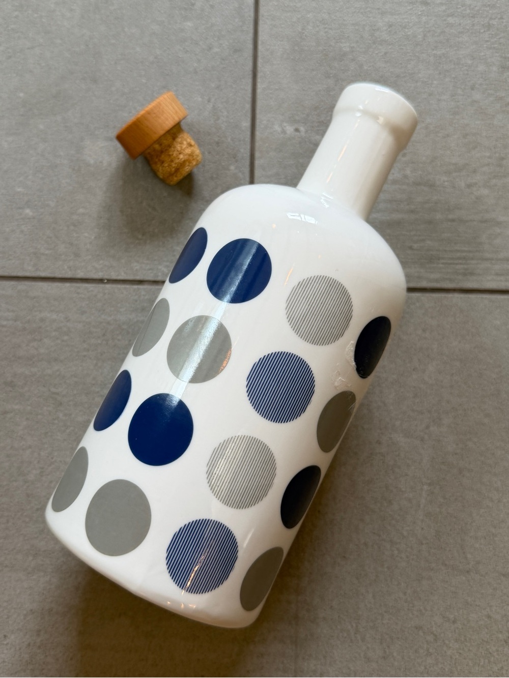 Polka Dot Ceramic Bottle - White with Blue & Gray Dots w cork & wood stopper